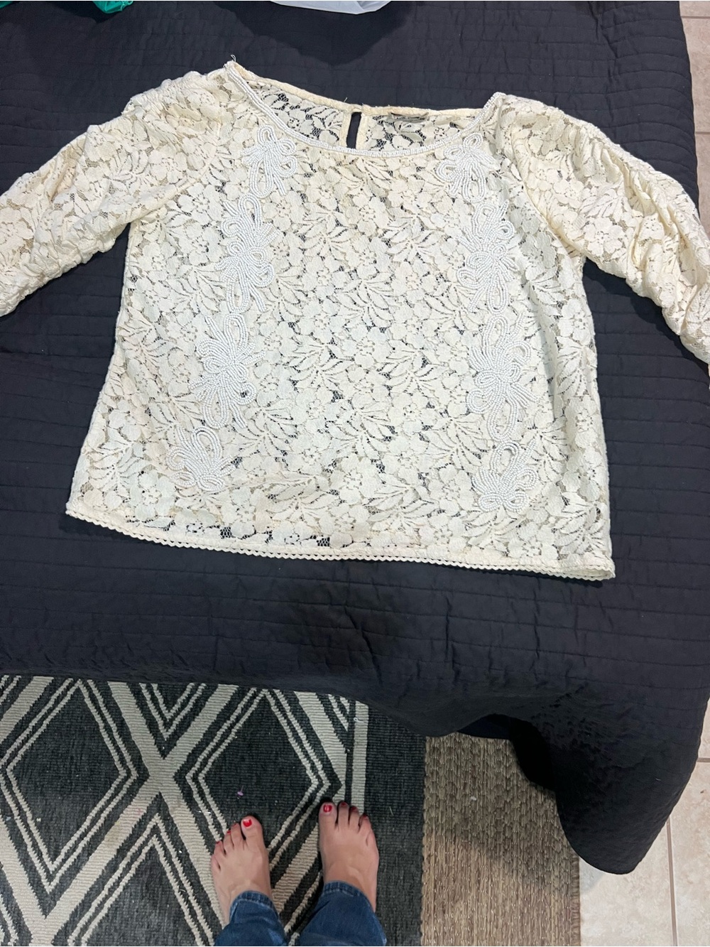 Daniel Cremieux Cream Lace Long-Sleeve Blouse